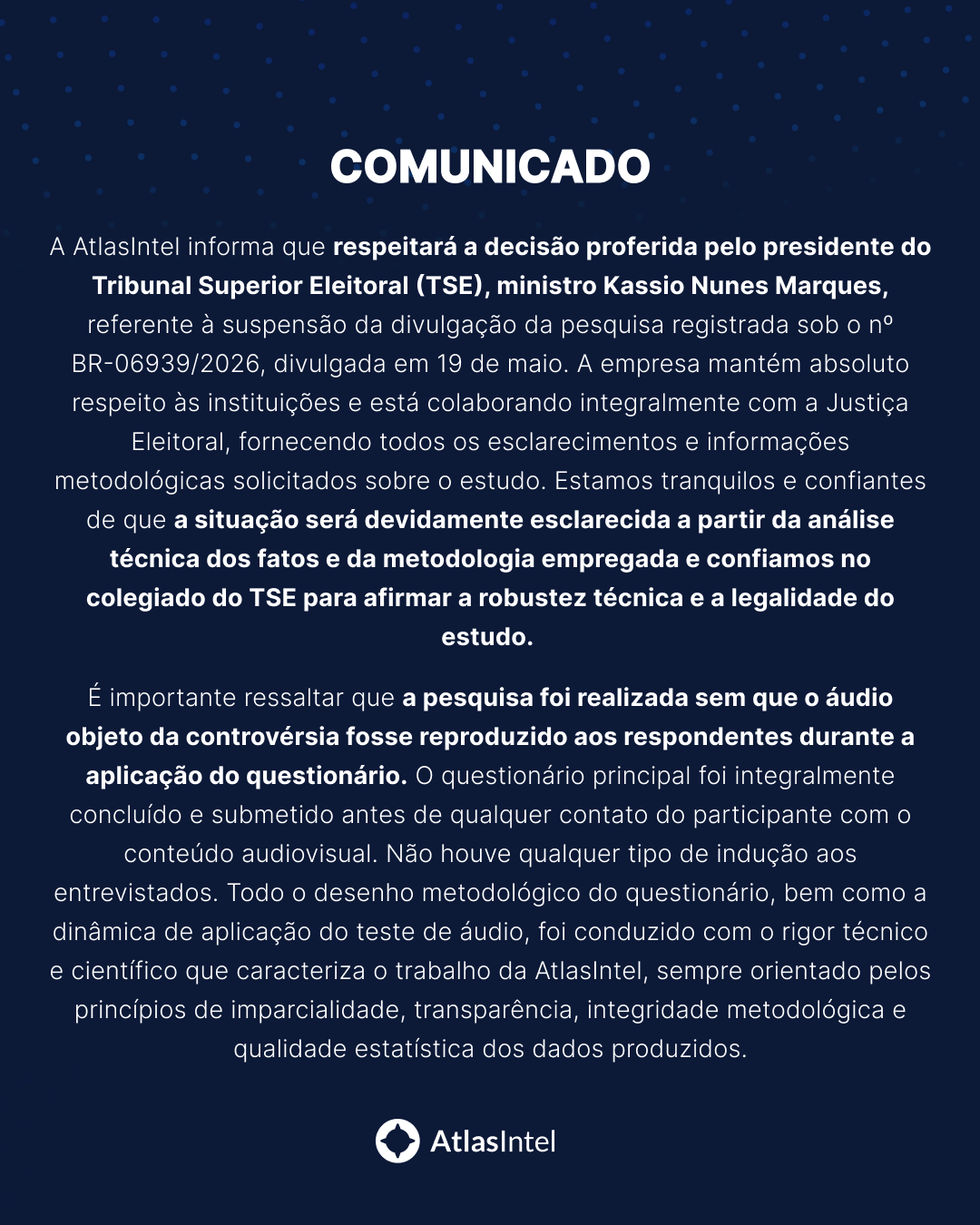 Posicionamento da AtlasIntel no X após a decisão liminar de Nunes Marques que suspendeu divulgação de pesquisa.