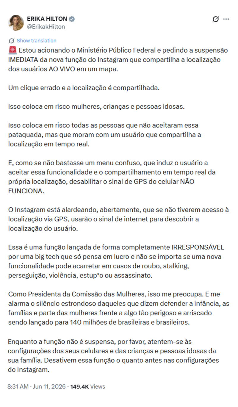Deputada aciona MPF contra atualização do Instagram.