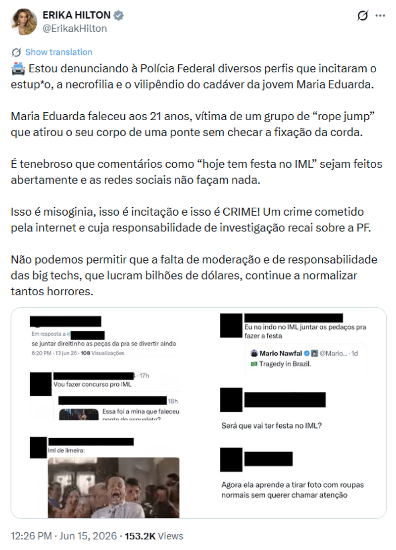 Erika Hilton denuncia incitação de estupro de menina que morreu em rope jump.