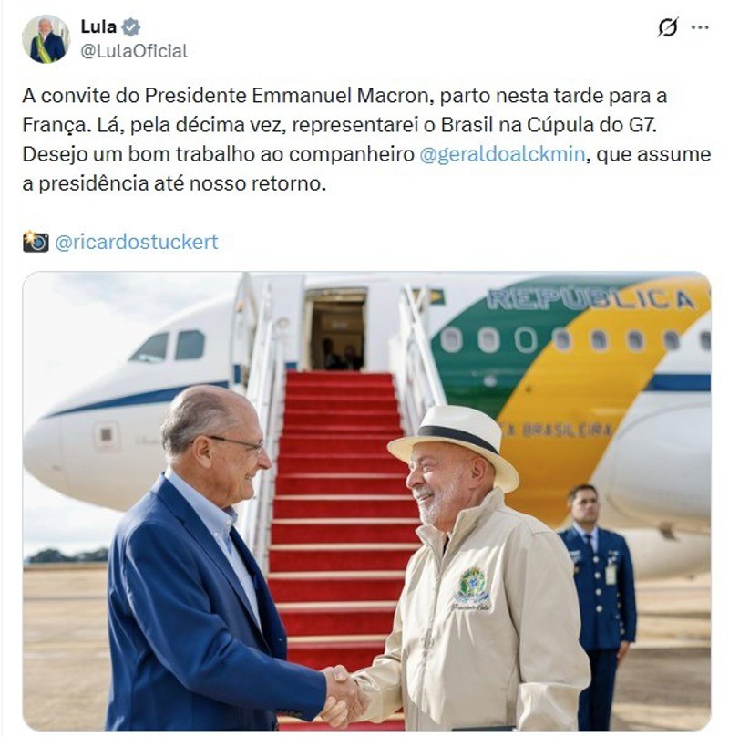 Durante a ausência de Lula, o vice-presidente Geraldo Alckmin assume interinamente a Presidência da República.