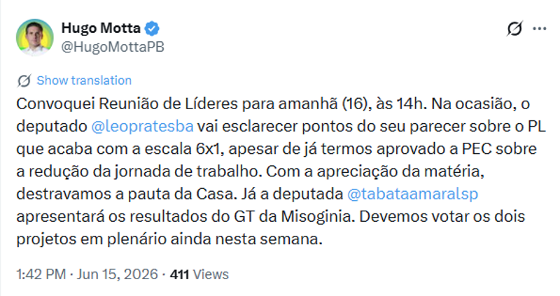 Motta anuncia prioridades para a semana na Câmara.