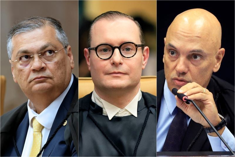 Os ministros Flávio Dino, Cristiano Zanin e Alexandre de Moraes, do Supremo Tribunal Federal.