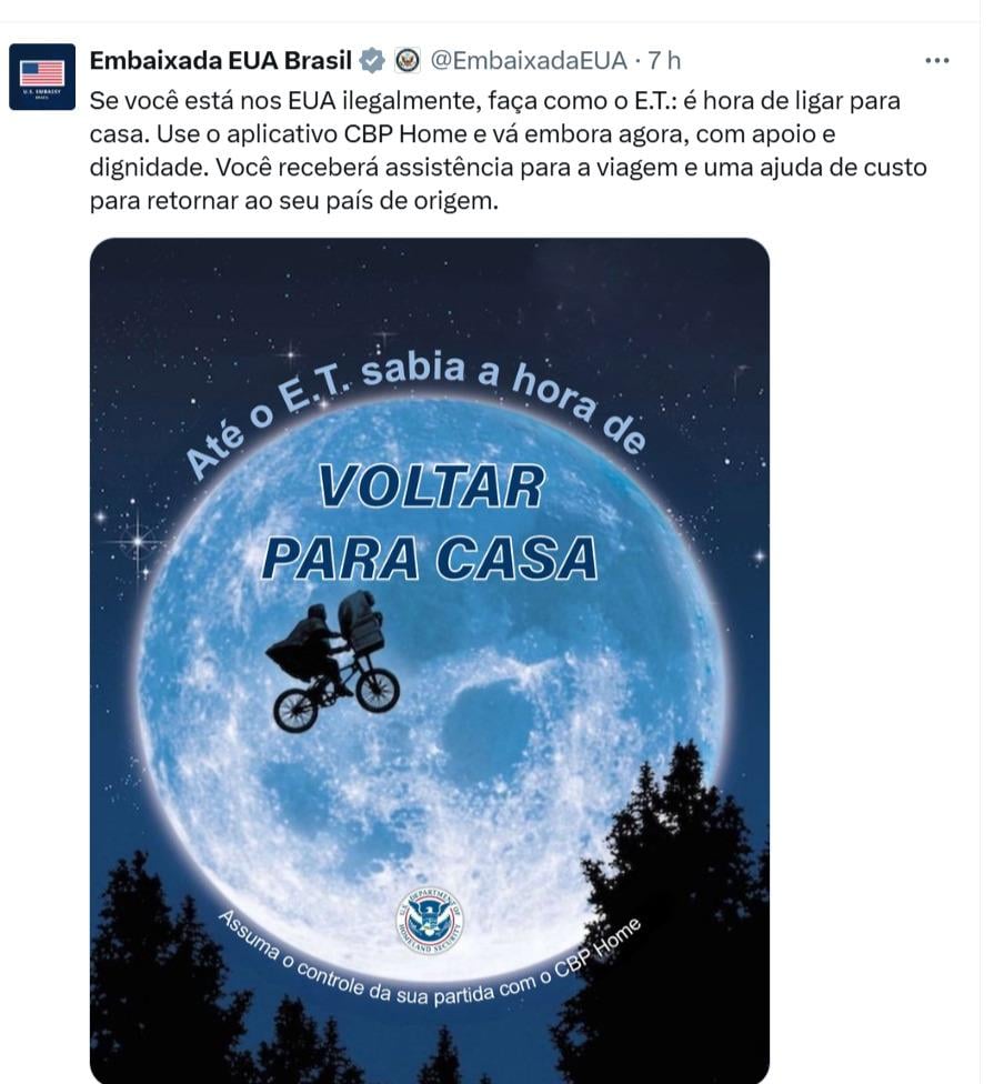 Mensagem foi publicada na conta oficial da embaixada no X.