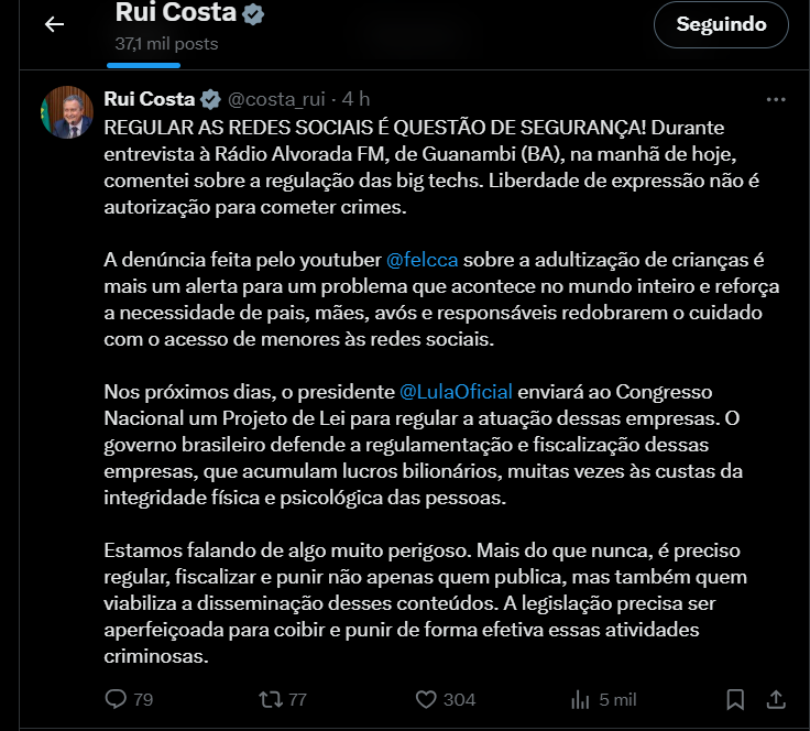 Ministro Rui Costa defende responsabilização das plataformas.