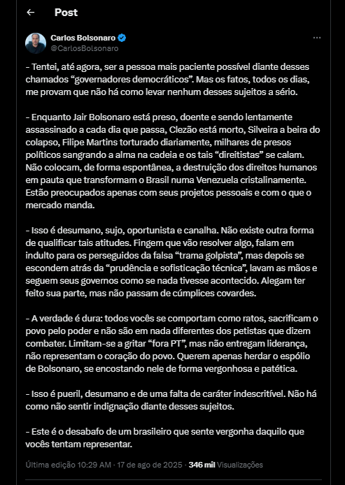 Publicação feita por Carlos no X neste domingo (17).