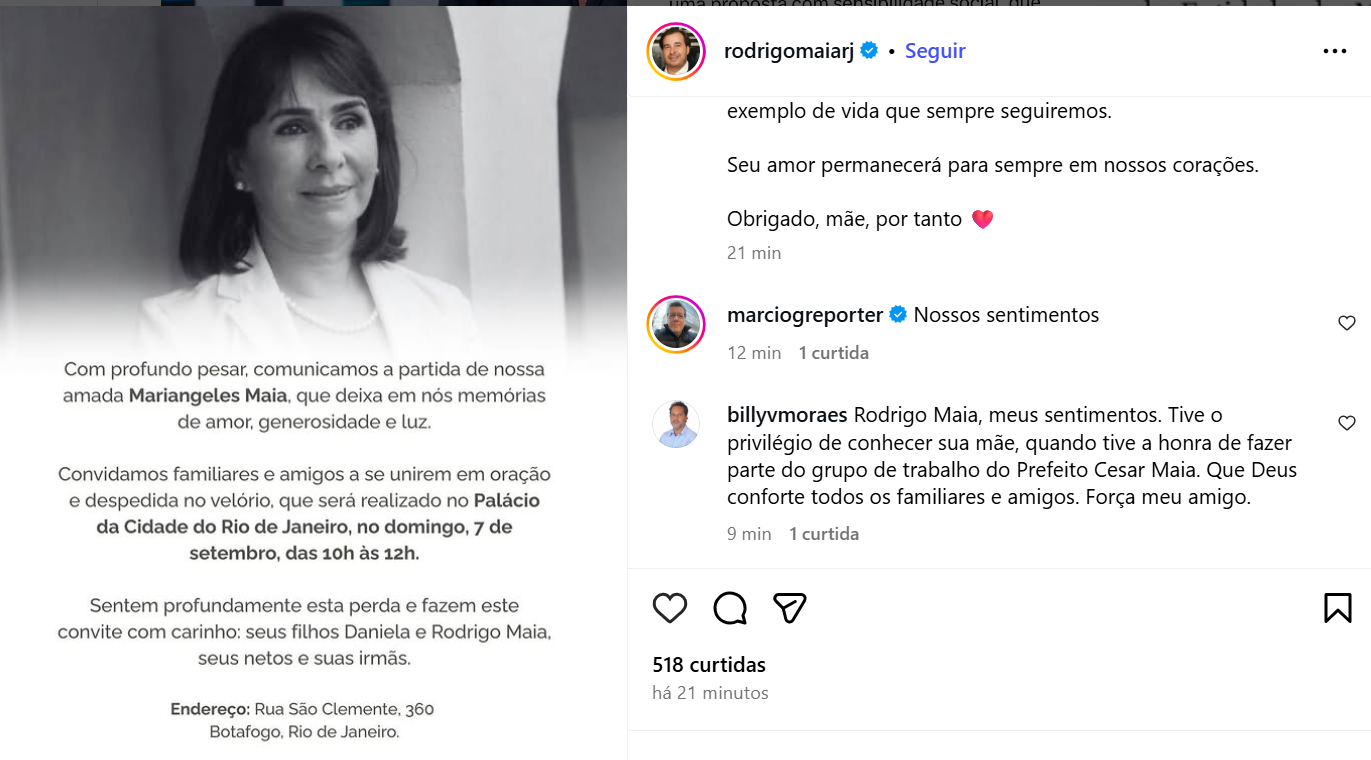 Rodrigo Maia homenageou a mãe nas redes sociais.