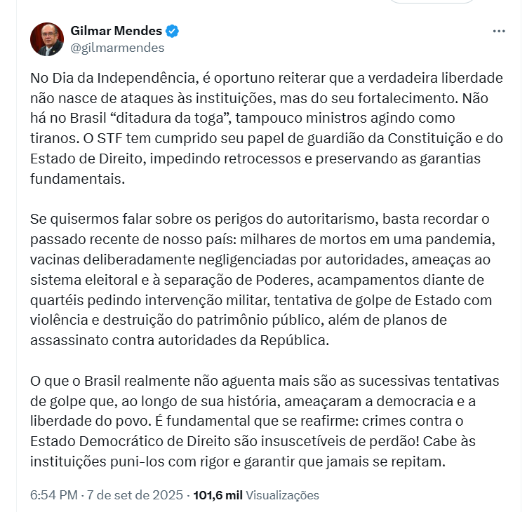 Publicação de Gilmar Mendes no X.