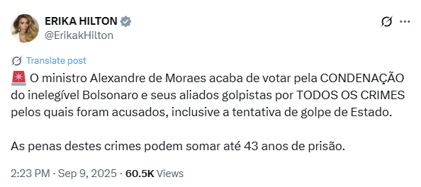 Deputada Erika Hilton (PSOL-SP) também comentou o voto.