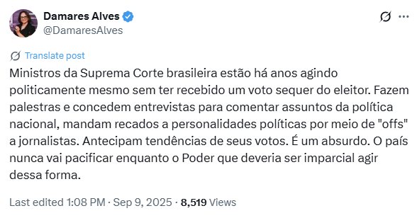 Comentário de Damares Alves sobre o julgamento.