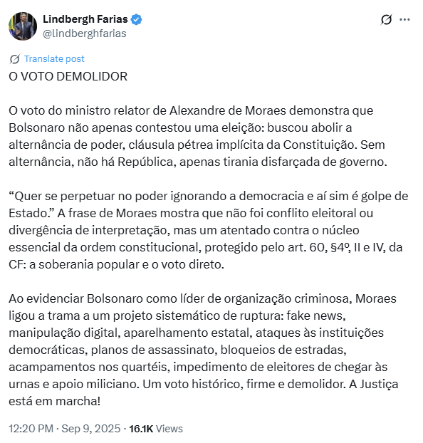 Líder do PT na Câmara, deputado Lindbergh Farias (RJ) concordou com o voto.
