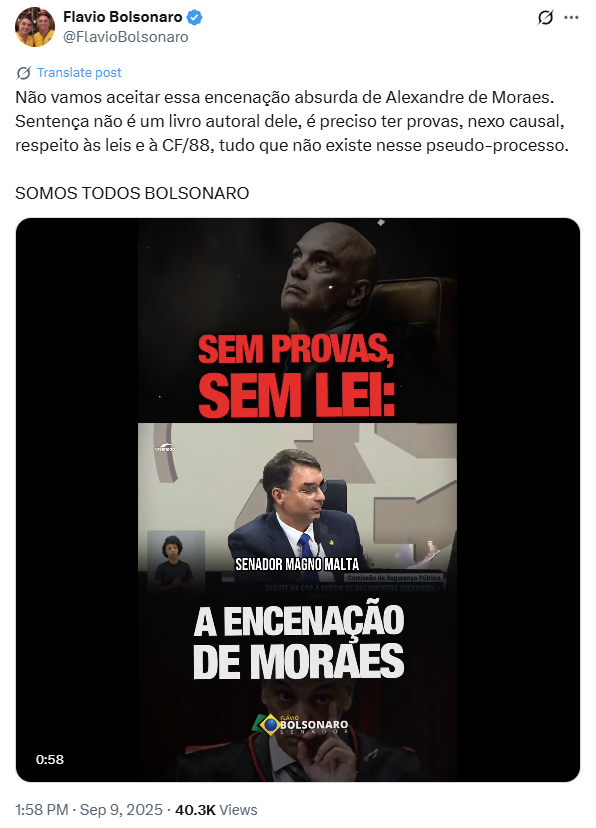 Filho de Bolsonaro se pronuncia nas redes sociais durante sessão do STF.