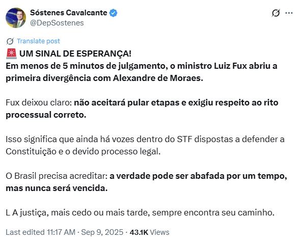 Publicação do deputado logo após o início do voto.