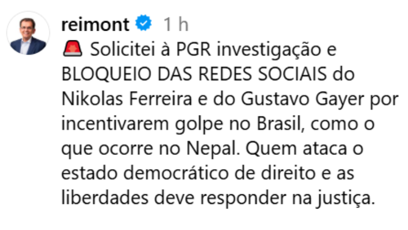 Publicação do deputado Reimont (PT-RJ) no Instagram. 