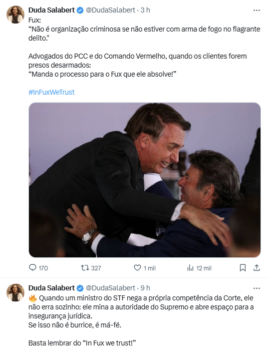 Duda Salabert ironiza Fux no Twitter.