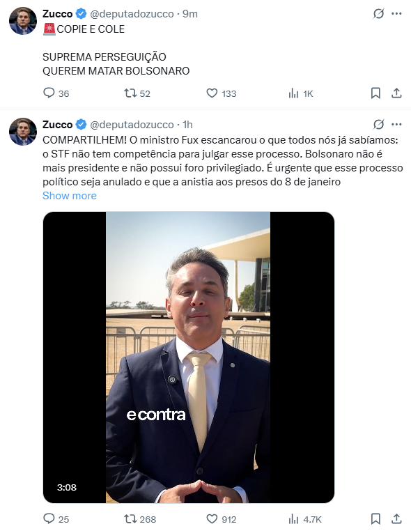 Manifestação do deputado Zucco no X. 