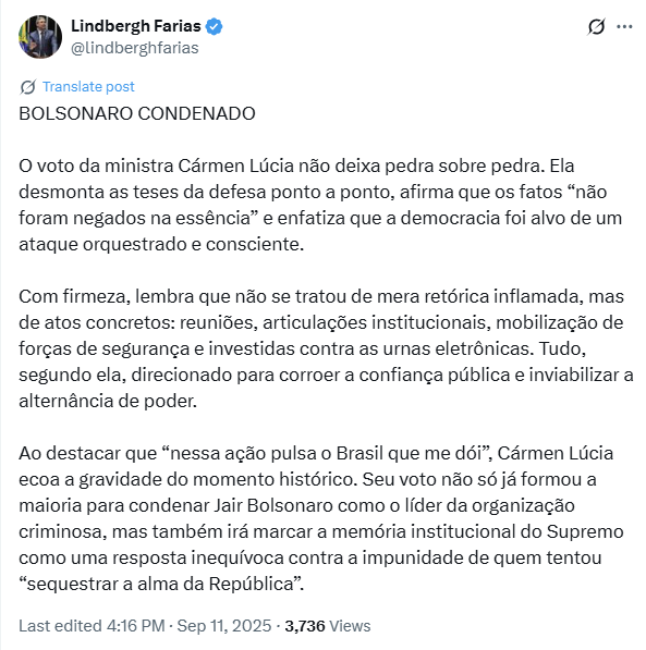 Deputado Lindbergh Farias também comentou o voto.
