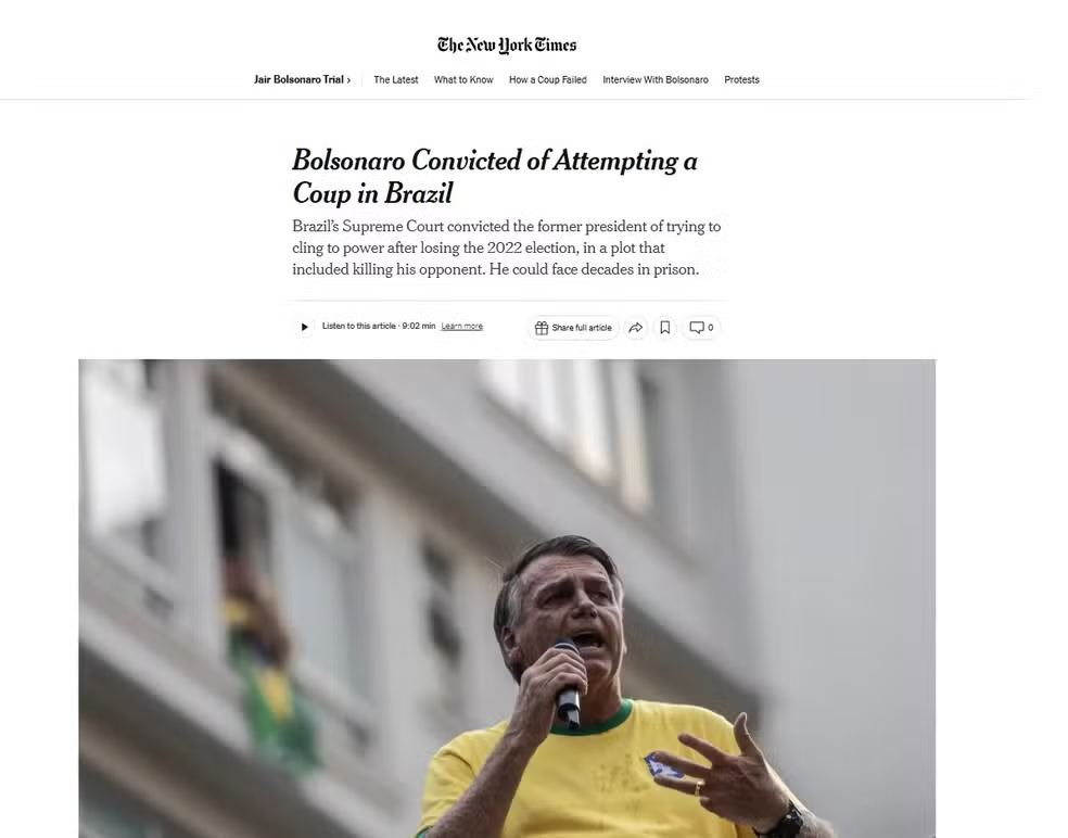 The New York Times sobre formação de maioria no STF para condenação de Bolsonaro.