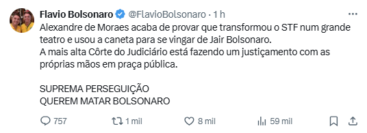 Flávio diz que Moraes utilizou caneta para se livrar de Bolsonaro.
