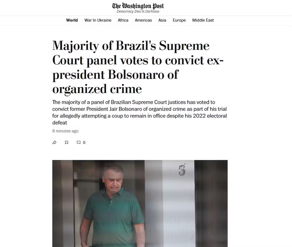 The Washington Post sobre formação de maioria no STF para condenação de Bolsonaro.