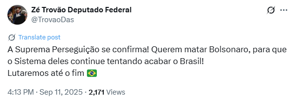 Deputado Zé Trovão também demonstrou apoio a Bolsonaro.