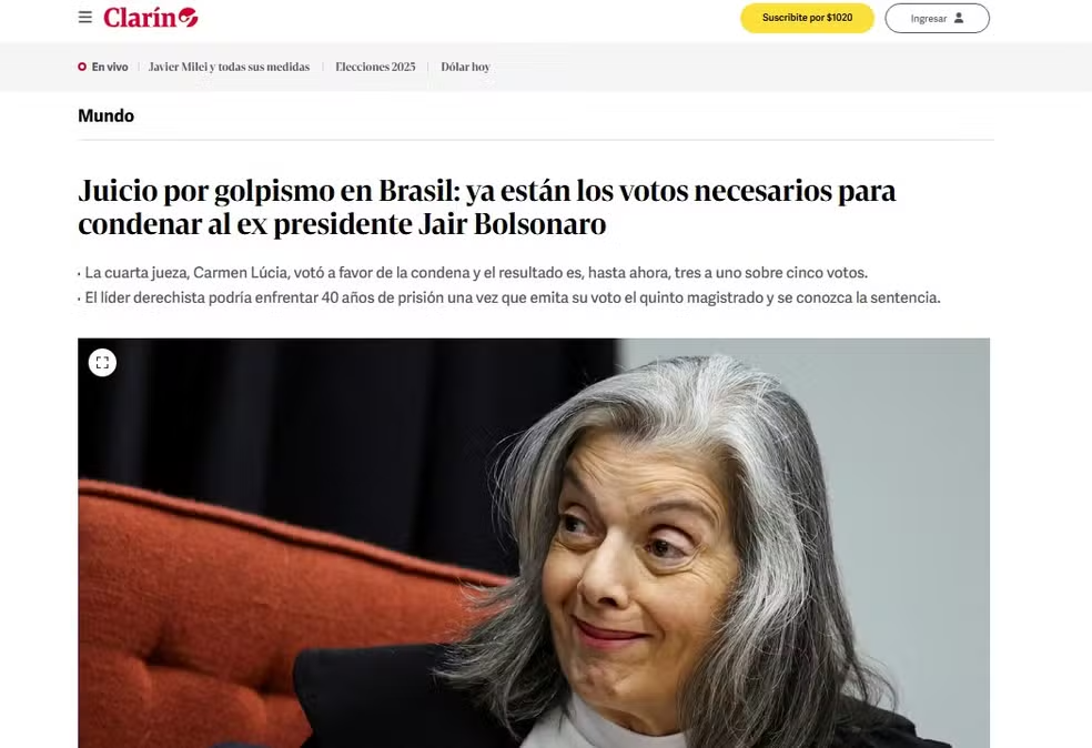 Clarín sobre formação de maioria no STF para condenação de Bolsonaro.