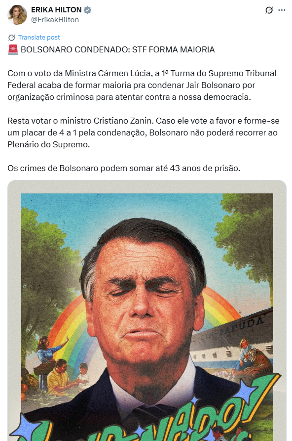 Manifestação da deputada Erika Hilton no X.