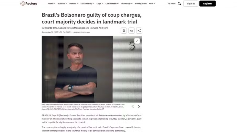 Agência Reuters sobre formação de maioria no STF para condenação de Bolsonaro.