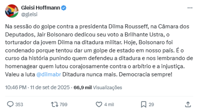 Gleisi Hoffmann relembra voto de Bolsonaro ao Ustra.