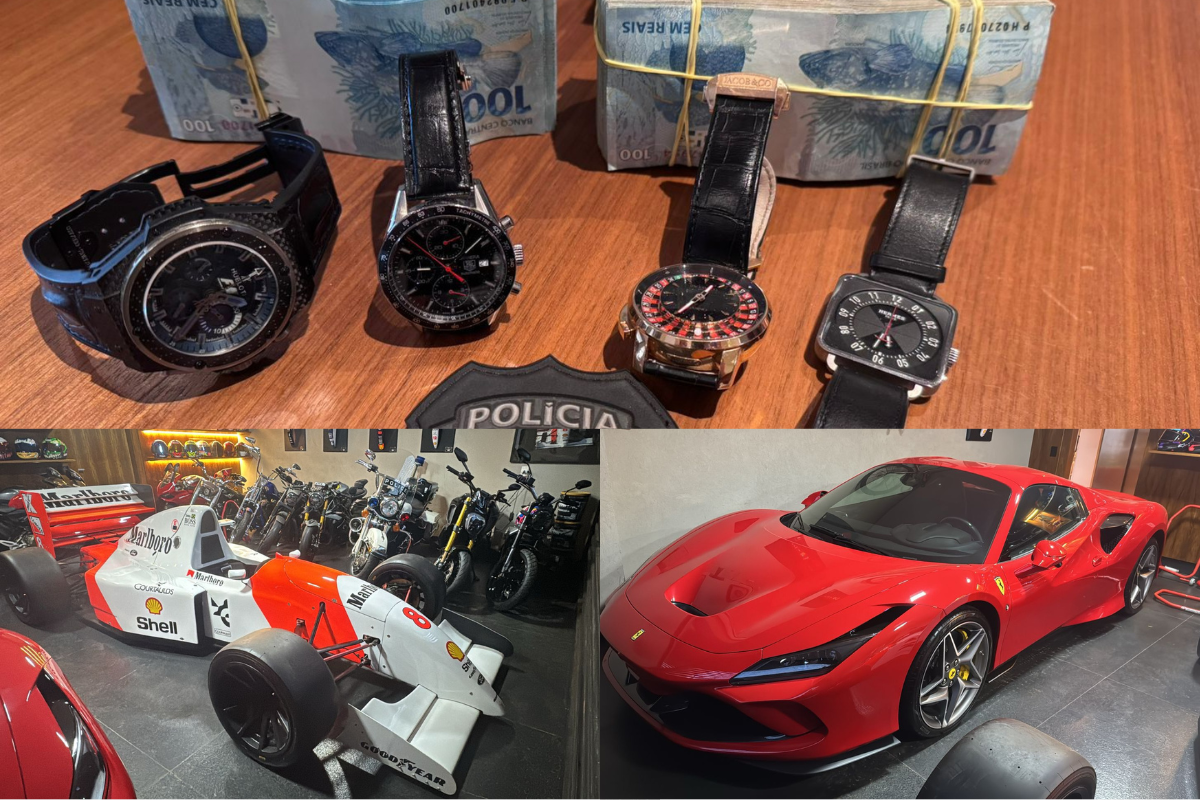 Relógios, dinheiro, réplica de carro da Fórmula 1 e Ferrari estão entre os bens apreendidos com os alvos da operação desta sexta-feira.