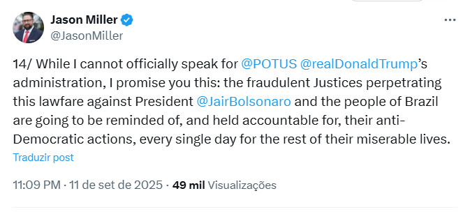 Publicação de Jason Miller no X. 