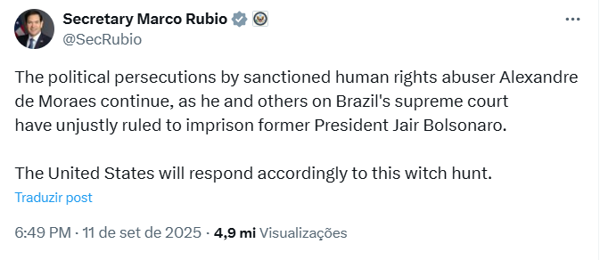 Publicação de Marco Rubio no X. 