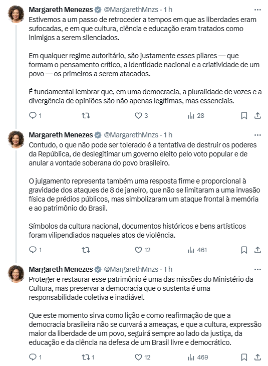 Menezes chamou atenção às obras depredadas em 8 de janeiro.