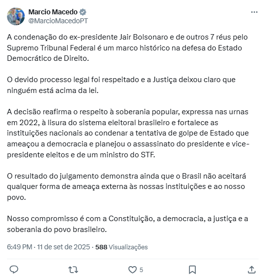 Marcio Macedo defendeu que condenação é um marco histórico na defesa do Estado Democrático de Direito
