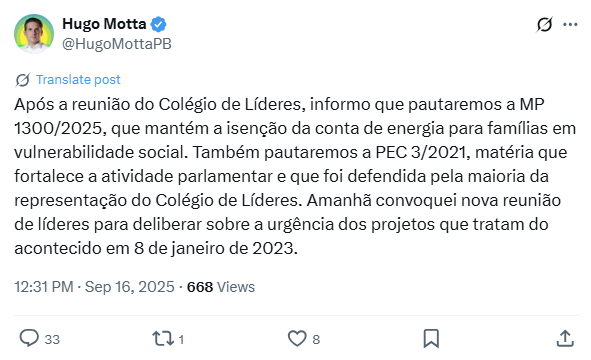 Publicação de Motta na rede social X.