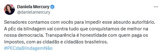 A cantora Daniela Mercury também usou as redes sociais para se manifestar.