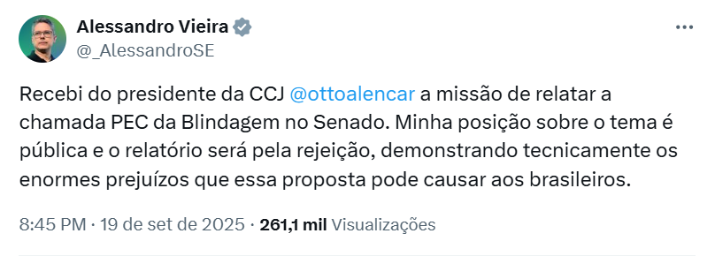 Post de Alessandro Vieira no X (ex-Twitter).