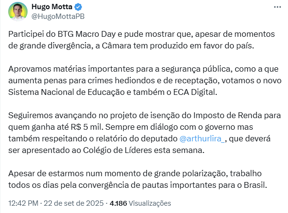 Hugo Motta (Republicanos-PB) ressaltou avanços da Câmara em segurança pública e educação. 