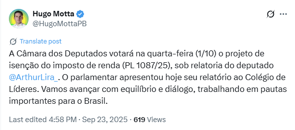 Publicação de Hugo Motta no X.