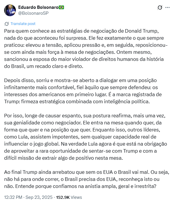 Postagem de Eduardo Bolsonaro na rede social X