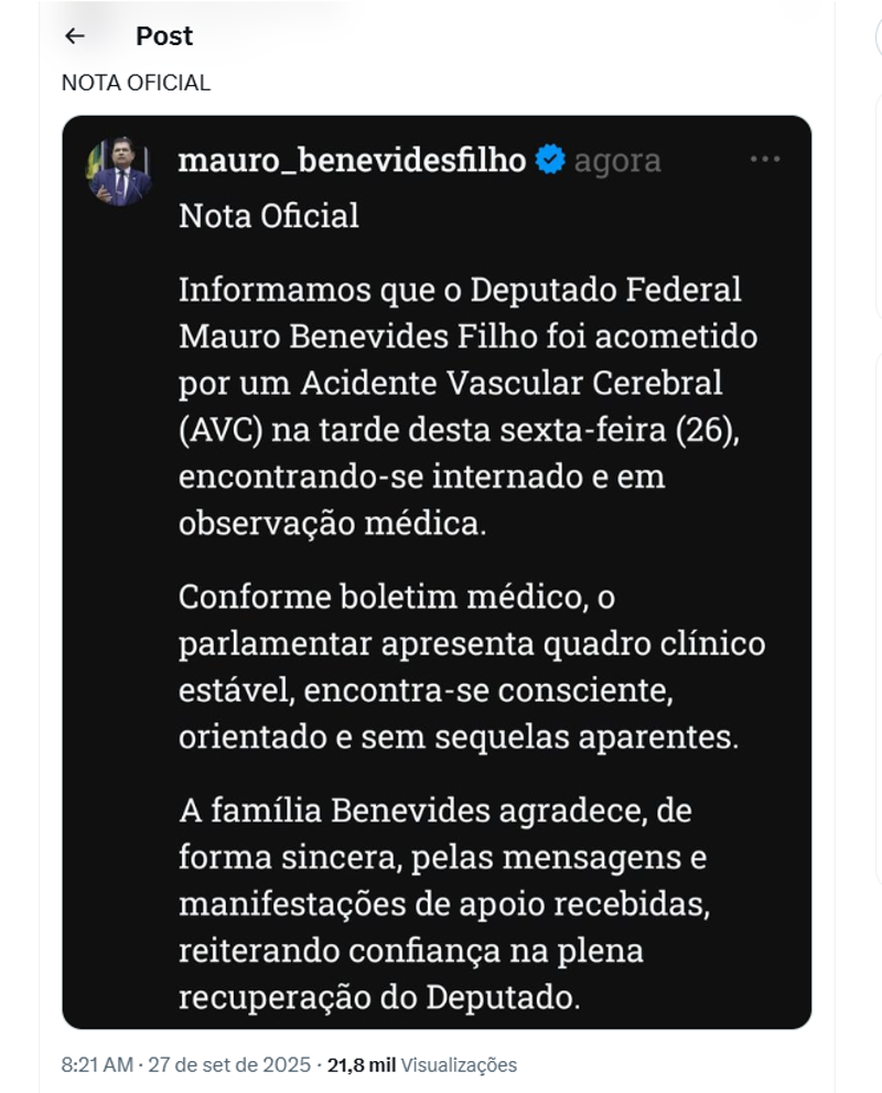 Comunicado feito pela assessoria de imprensa do deputado a respeito do seu estado de saúde neste sábado.