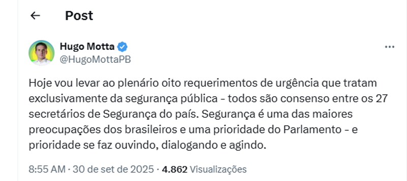 Publicação feita por Hugo Motta nas redes na manhã desta terça-feira.