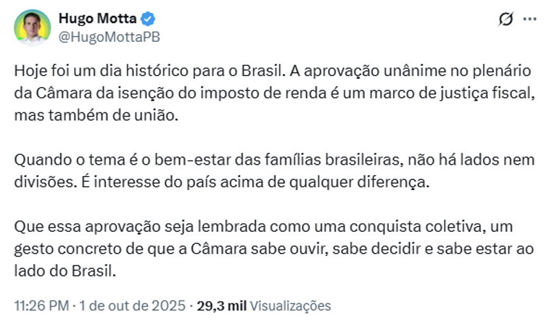 Publicação de Hugo Motta. 