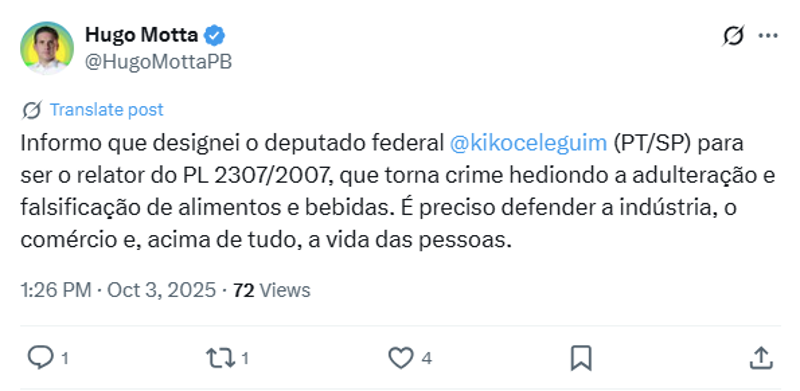 Publicação de Motta no X.