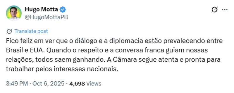 Postagem de Hugo Motta no X.