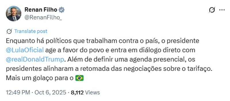 Postagem de Renan Filho no X.