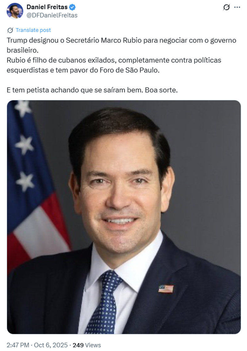 Postagem de Daniel Freitas no X.