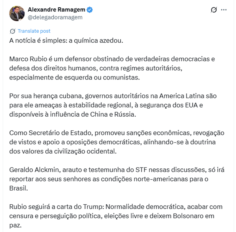 Postagem de Alexandre Ramagem no X.