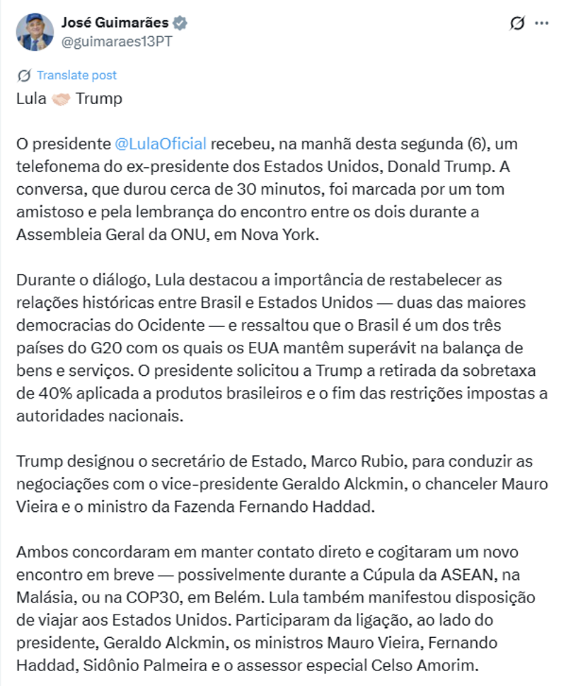 Postagem de José Guimarães no X.