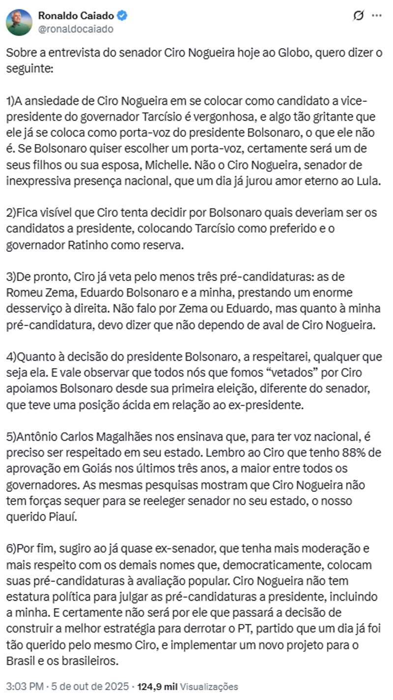Publicação de Ronaldo Caiado. 