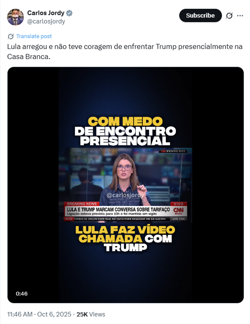 Postagem de Carlos Jordy no X.